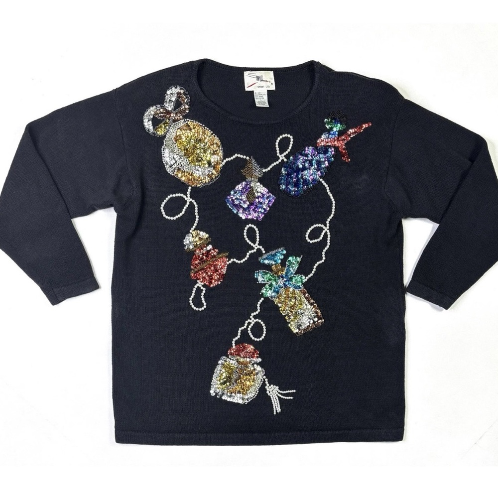 SML Sport 1993 Sweater Women’s Large Vintage Embellished Beads Black Christmas